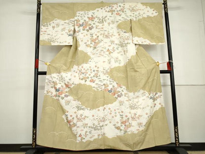 平和屋着物●訪問着　紬地　絞り　流水草花文　正絹　逸品　AABG7908cs