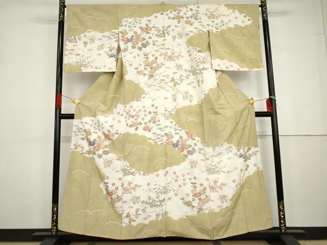 平和屋着物●訪問着　紬地　絞り　流水草花文　正絹　逸品　AABG7908cs