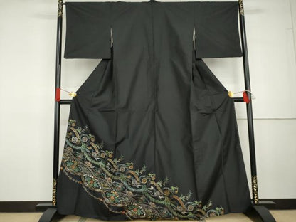 平和屋着物●総刺繍　訪問着　紬地　中国三大刺繍　スワトウ刺繍　汕頭刺繍　相良刺繍　吉祥花唐草文　黒地　金糸　正絹　逸品　AABG7918cs