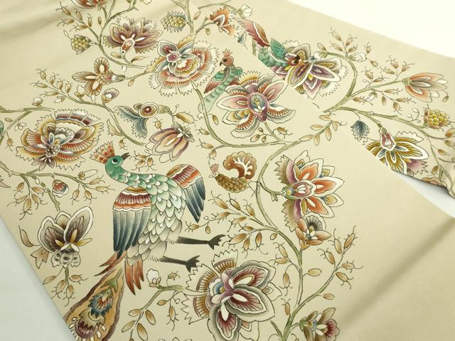 平和屋着物●極上　塩瀬　九寸名古屋帯　作家物　手描き　更紗花鳥文　逸品　DZAB5582kh6
