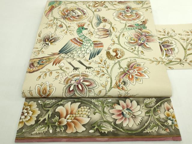 平和屋着物●極上　塩瀬　九寸名古屋帯　作家物　手描き　更紗花鳥文　逸品　DZAB5582kh6