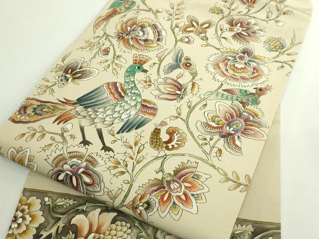 平和屋着物●極上　塩瀬　九寸名古屋帯　作家物　手描き　更紗花鳥文　逸品　DZAB5582kh6