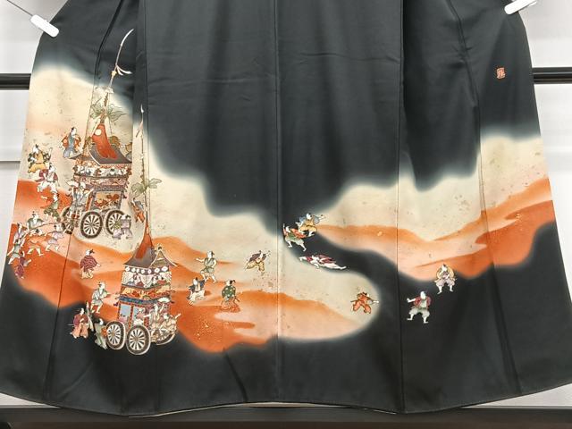 平和屋着物■豪華黒留袖 人物文 鉾 暈し染め 金糸 正絹 逸品 CABD6992xe