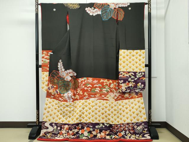 平和屋本店●極上 アンティーク 大正ロマン 振袖 お引きずり・お引き摺り 駒刺繍 相良刺繍 桐 横段青海波草花文 黒 金銀彩 逸品 CZAA5434s6