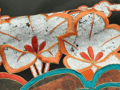 平和屋本店●極上 アンティーク 大正ロマン 振袖 お引きずり・お引き摺り 駒刺繍 相良刺繍 桐 横段青海波草花文 黒 金銀彩 逸品 CZAA5434s6