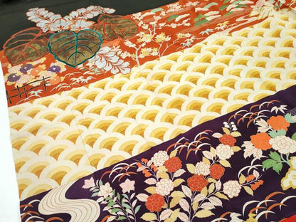 平和屋本店●極上 アンティーク 大正ロマン 振袖 お引きずり・お引き摺り 駒刺繍 相良刺繍 桐 横段青海波草花文 黒 金銀彩 逸品 CZAA5434s6