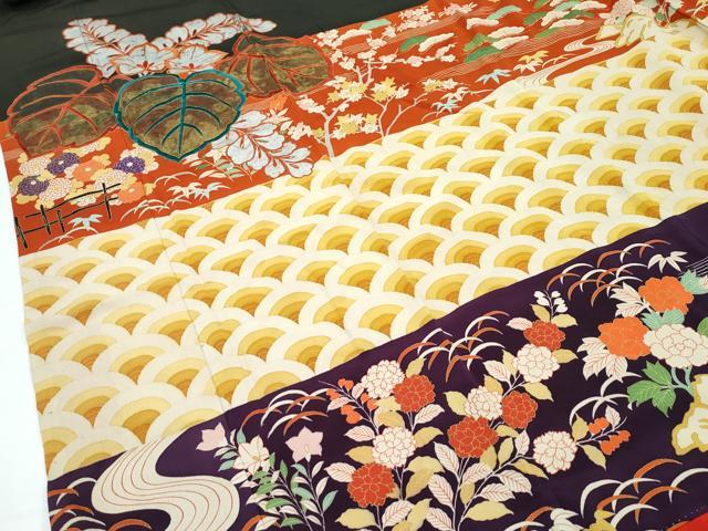 平和屋本店●極上 アンティーク 大正ロマン 振袖 お引きずり・お引き摺り 駒刺繍 相良刺繍 桐 横段青海波草花文 黒 金銀彩 逸品 CZAA5434s6