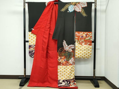 平和屋本店●極上 アンティーク 大正ロマン 振袖 お引きずり・お引き摺り 駒刺繍 相良刺繍 桐 横段青海波草花文 黒 金銀彩 逸品 CZAA5434s6