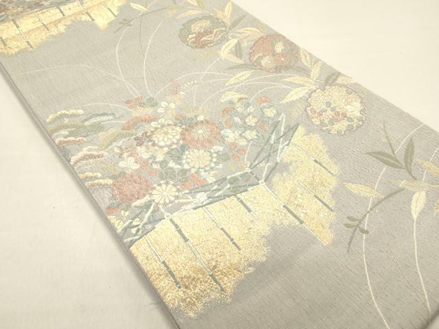 平和屋着物◎六通柄袋帯　ふくれ織　雪輪屏風花松文　金糸　正絹　逸品　DABB6560ea