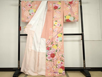 平和屋着物●訪問着　駒刺繍　草花文　金通し地　正絹　逸品　AABG7963cs