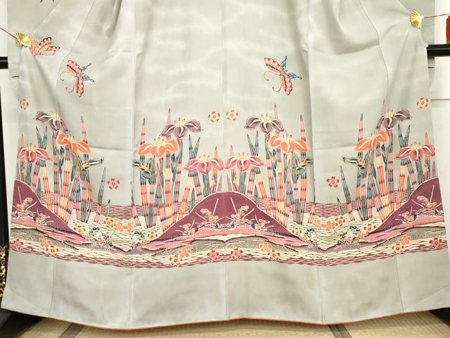 平和屋着物●本場琉球紅型　振袖　花鳥舞蝶文　正絹　逸品　AABG7967cs