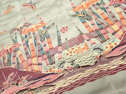 平和屋着物●本場琉球紅型　振袖　花鳥舞蝶文　正絹　逸品　AABG7967cs
