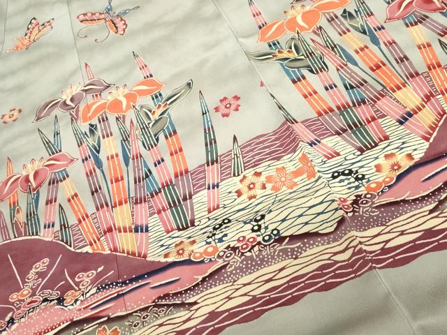 平和屋着物●本場琉球紅型　振袖　花鳥舞蝶文　正絹　逸品　AABG7967cs