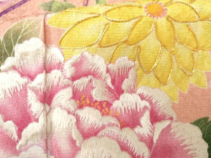 平和屋着物●訪問着　駒刺繍　草花文　金通し地　正絹　逸品　AABG7963cs