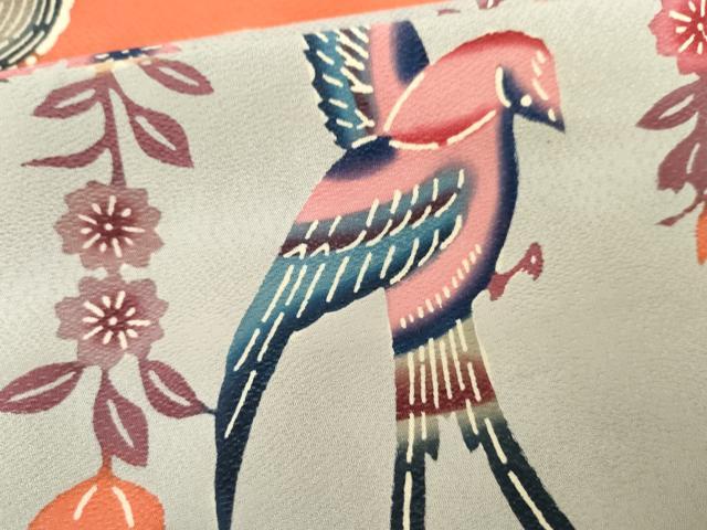 平和屋着物●本場琉球紅型　振袖　花鳥舞蝶文　正絹　逸品　AABG7967cs