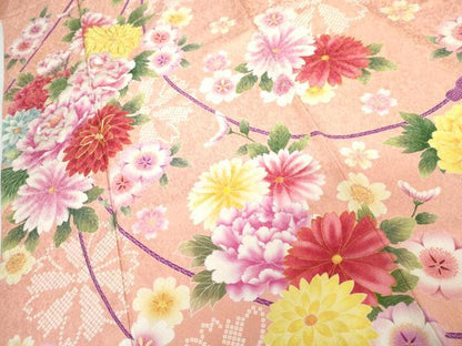 平和屋着物●訪問着　駒刺繍　草花文　金通し地　正絹　逸品　AABG7963cs