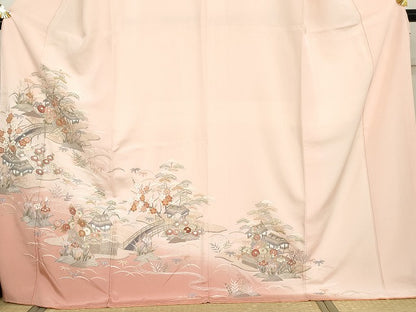平和屋着物●訪問着 中国三大刺繍 汕頭刺繍 スワトウ刺繍 相良刺繍 渡橋風景松竹梅文 暈し染め 金糸 正絹 逸品 未使用 AABG7932cs
