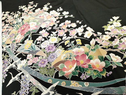 平和屋着物●本加賀友禅作家　野村絵美　黒留袖　地紙飛鶴草花文　正絹　逸品　AABG7944cs