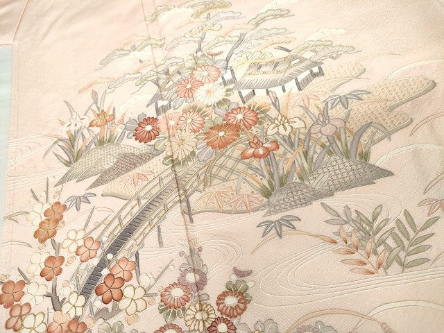 平和屋着物●訪問着 中国三大刺繍 汕頭刺繍 スワトウ刺繍 相良刺繍 渡橋風景松竹梅文 暈し染め 金糸 正絹 逸品 未使用 AABG7932cs