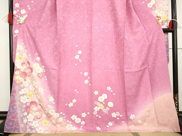 平和屋着物●豪華振袖　舞花文　暈し染め　金彩　正絹　逸品　AABG7942cs
