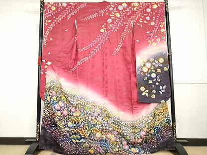 平和屋着物●伯河貞雄　振袖　辻が花　暈し染め　銀通し地　正絹　逸品　AABG7943cs