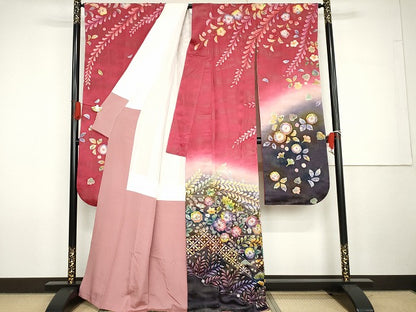 平和屋着物●伯河貞雄　振袖　辻が花　暈し染め　銀通し地　正絹　逸品　AABG7943cs