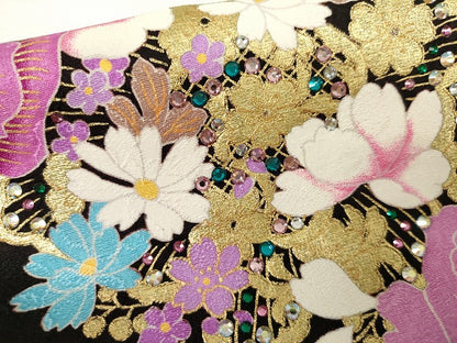 平和屋着物●豪華振袖　刺繍　枝花文　暈し染め　ラインストーン　金銀彩　金糸　正絹　逸品　AABG7935cs