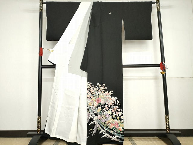 平和屋着物●本加賀友禅作家　野村絵美　黒留袖　地紙飛鶴草花文　正絹　逸品　AABG7944cs