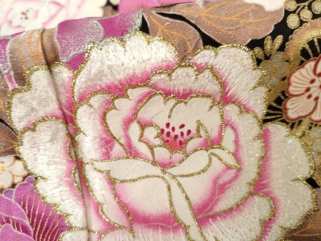 平和屋着物●豪華振袖　刺繍　枝花文　暈し染め　ラインストーン　金銀彩　金糸　正絹　逸品　AABG7935cs