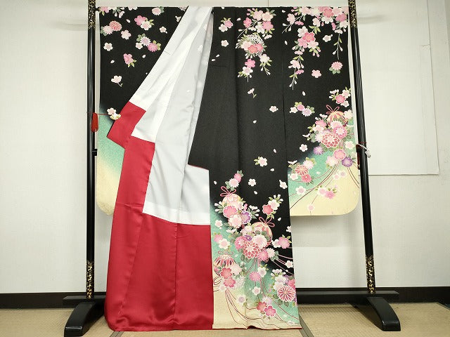 平和屋着物●豪華振袖　花毬文　暈し染め　黒地　金彩　金通し地　正絹　逸品　AABG7930cs