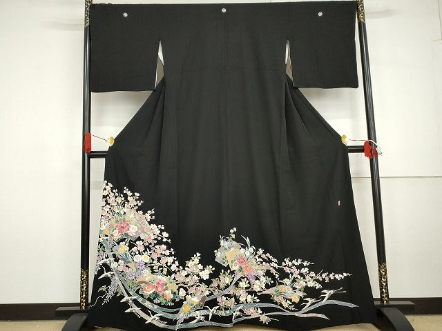 平和屋着物●本加賀友禅作家　野村絵美　黒留袖　地紙飛鶴草花文　正絹　逸品　AABG7944cs