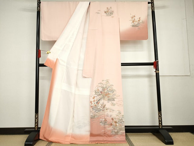 平和屋着物●訪問着 中国三大刺繍 汕頭刺繍 スワトウ刺繍 相良刺繍 渡橋風景松竹梅文 暈し染め 金糸 正絹 逸品 未使用 AABG7932cs