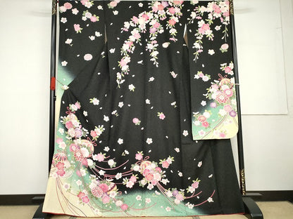 平和屋着物●豪華振袖　花毬文　暈し染め　黒地　金彩　金通し地　正絹　逸品　AABG7934cs