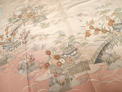 平和屋着物●訪問着 中国三大刺繍 汕頭刺繍 スワトウ刺繍 相良刺繍 渡橋風景松竹梅文 暈し染め 金糸 正絹 逸品 未使用 AABG7932cs