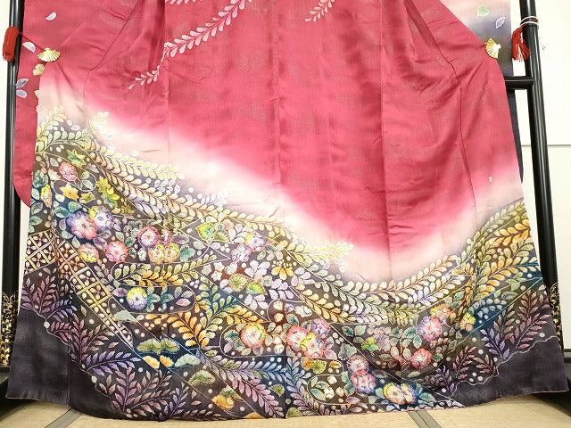 平和屋着物●伯河貞雄　振袖　辻が花　暈し染め　銀通し地　正絹　逸品　AABG7943cs