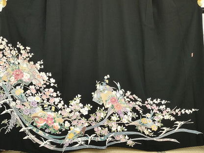 平和屋着物●本加賀友禅作家　野村絵美　黒留袖　地紙飛鶴草花文　正絹　逸品　AABG7944cs