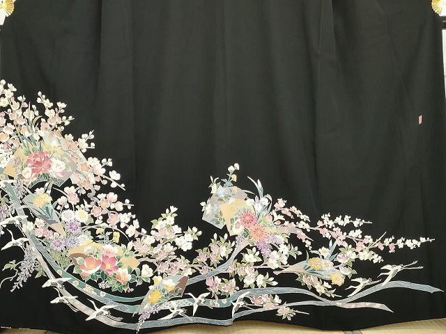 平和屋着物●本加賀友禅作家　野村絵美　黒留袖　地紙飛鶴草花文　正絹　逸品　AABG7944cs