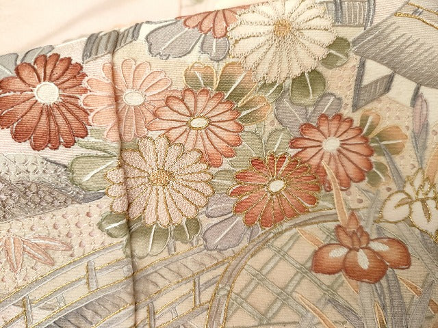 平和屋着物●訪問着 中国三大刺繍 汕頭刺繍 スワトウ刺繍 相良刺繍 渡橋風景松竹梅文 暈し染め 金糸 正絹 逸品 未使用 AABG7932cs