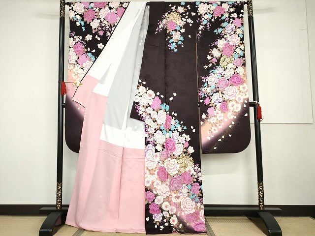 平和屋着物●豪華振袖　刺繍　枝花文　暈し染め　ラインストーン　金銀彩　金糸　正絹　逸品　AABG7935cs