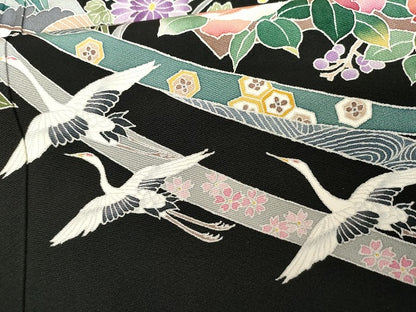 平和屋着物●本加賀友禅作家　野村絵美　黒留袖　地紙飛鶴草花文　正絹　逸品　AABG7944cs