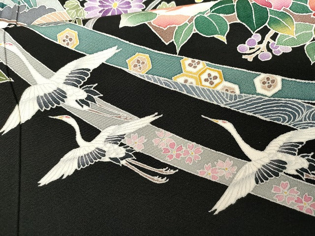 平和屋着物●本加賀友禅作家　野村絵美　黒留袖　地紙飛鶴草花文　正絹　逸品　AABG7944cs