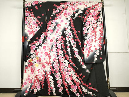 平和屋着物●豪華振袖　駒刺繍　枝垂れ花文　暈し染め　黒地　金彩　正絹　逸品　AABG7959cs
