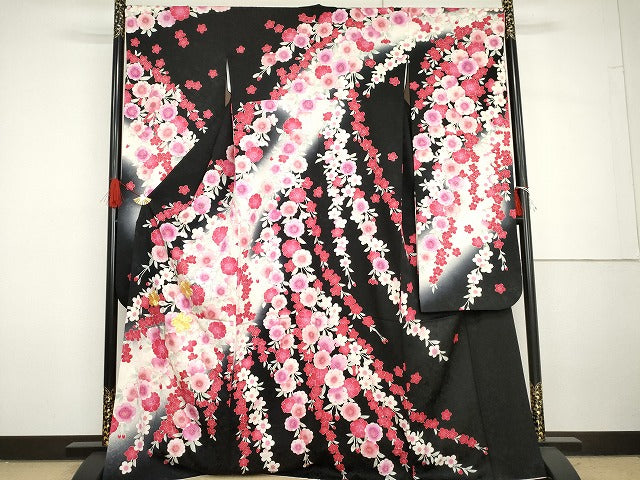 平和屋着物●豪華振袖　駒刺繍　枝垂れ花文　暈し染め　黒地　金彩　正絹　逸品　AABG7959cs