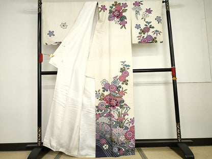 平和屋着物●訪問着　紅型　松竹梅　風景文　暈し染め　銀通し地　正絹　逸品　AABG7951cs
