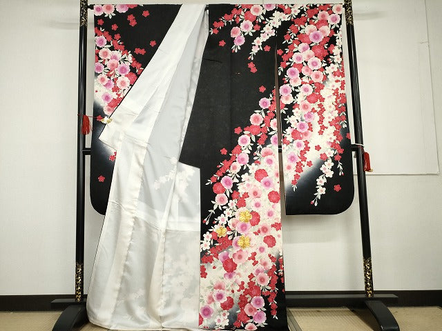 平和屋着物●豪華振袖　駒刺繍　枝垂れ花文　暈し染め　黒地　金彩　正絹　逸品　AABG7960cs