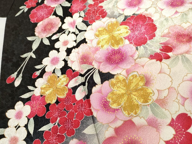 平和屋着物●豪華振袖　駒刺繍　枝垂れ花文　暈し染め　黒地　金彩　正絹　逸品　AABG7959cs