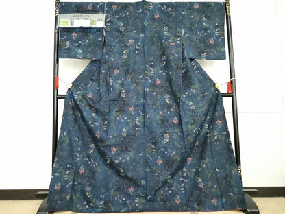 平和屋着物●小千谷紬　更紗花唐草文　証紙付き　正絹　逸品　AABG7957cs