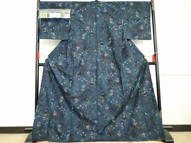 平和屋着物●小千谷紬　更紗花唐草文　証紙付き　正絹　逸品　AABG7957cs