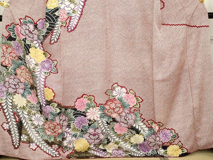 平和屋着物●訪問着　駒刺繍　草花文　金彩　正絹　逸品　AABG7949cs