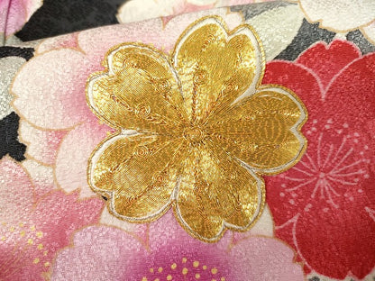 平和屋着物●豪華振袖　駒刺繍　枝垂れ花文　暈し染め　黒地　金彩　正絹　逸品　AABG7960cs